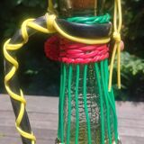 Old carafe/glass bottle decorated with scoubidou with its tassels 50/60s