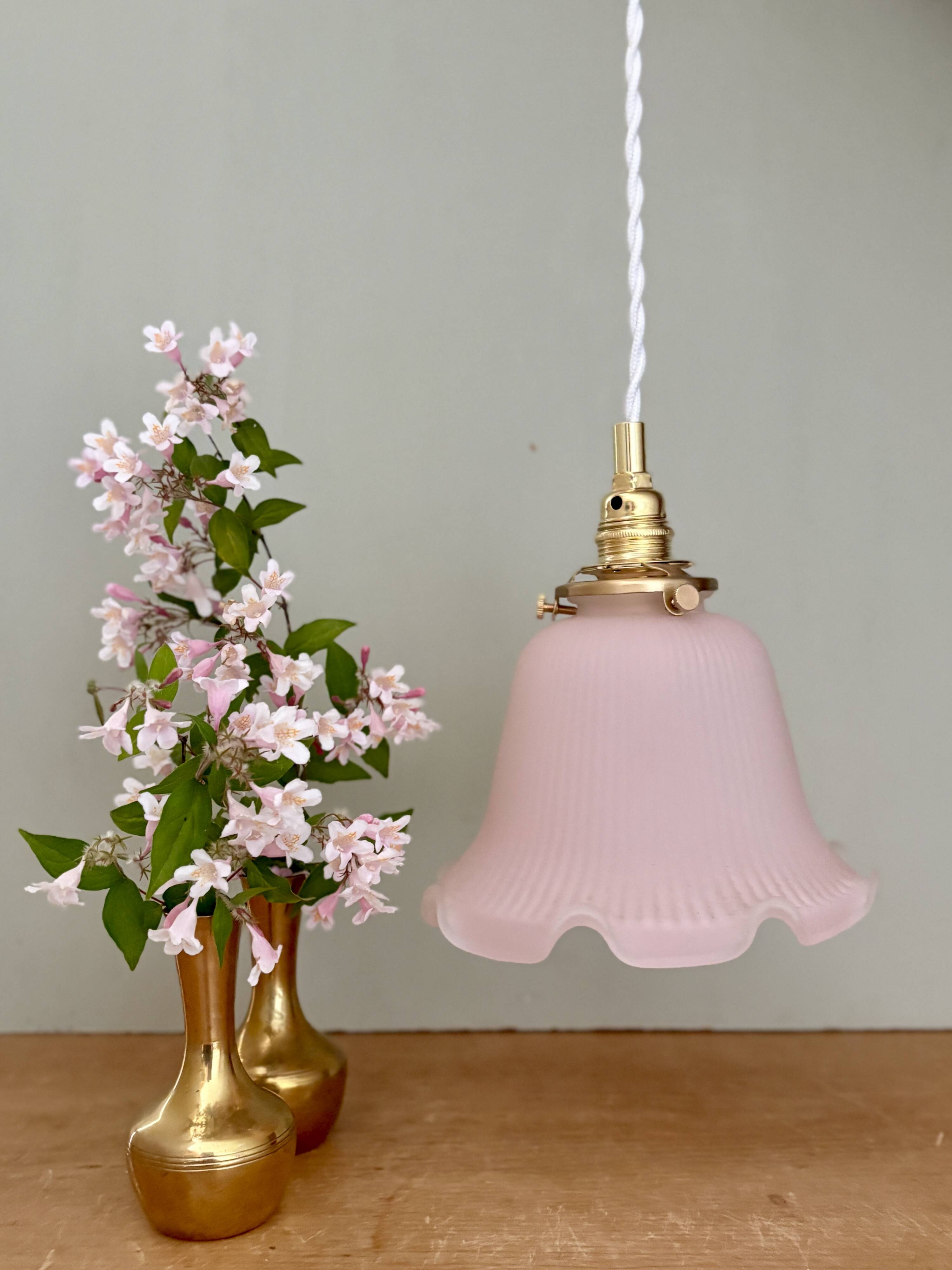 Pendant light, vintage lampshade in pink frosted glass