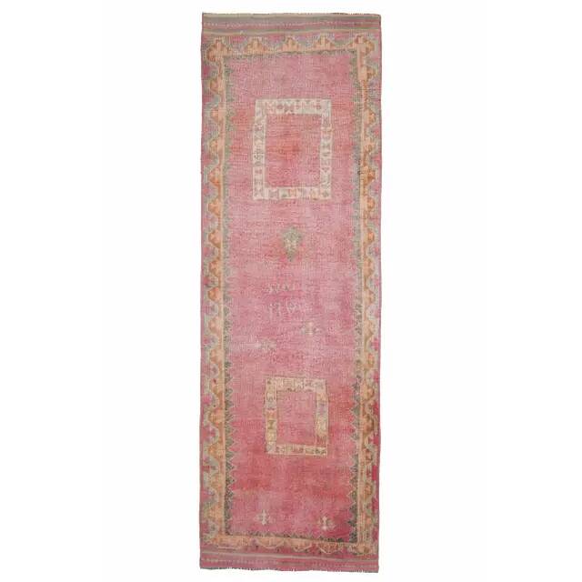 1970s vintage Turkish hand-knotted wool cotton pink runner rug 110x361
