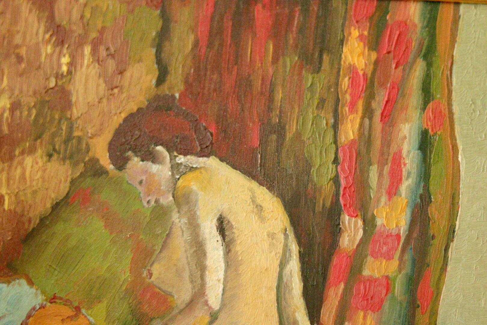 Original Swedish oil on panel painting – nude in colourful interior