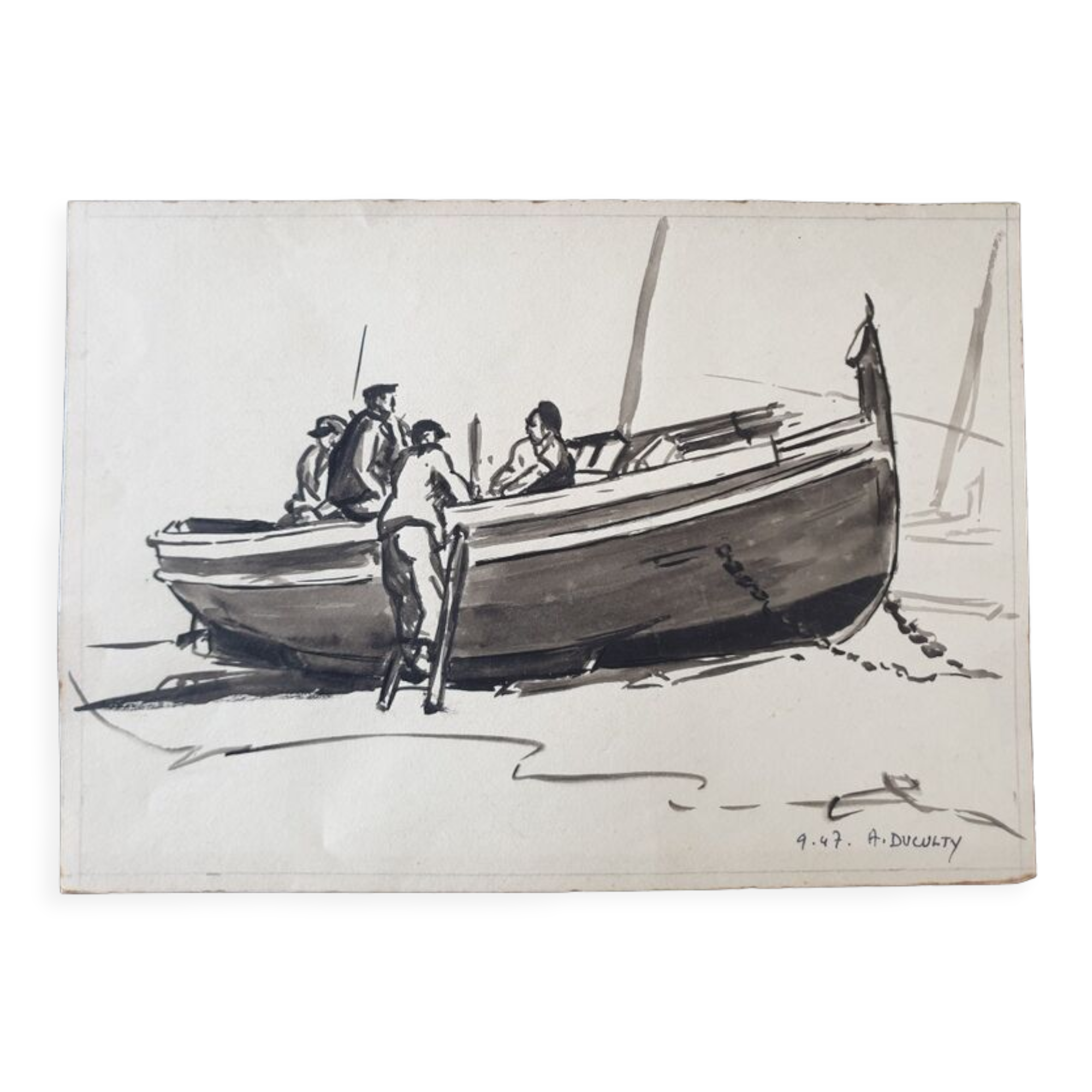 André Duculty (1912-1990) Wash of black ink on paper "Pécheurs à Collioure" Signed below