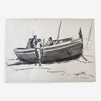 André Duculty (1912-1990) Wash of black ink on paper "Pécheurs à Collioure" Signed below