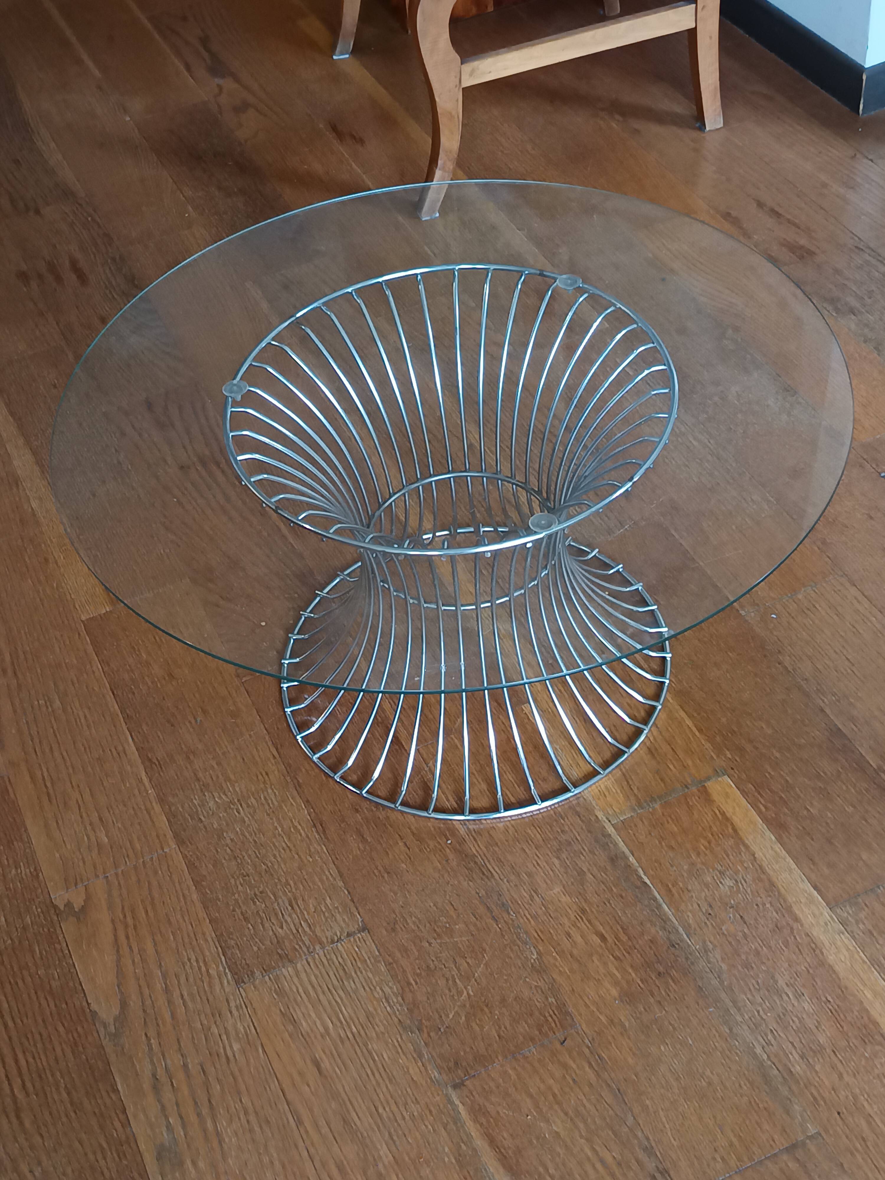 vintage 70s round designer coffee table with wire base