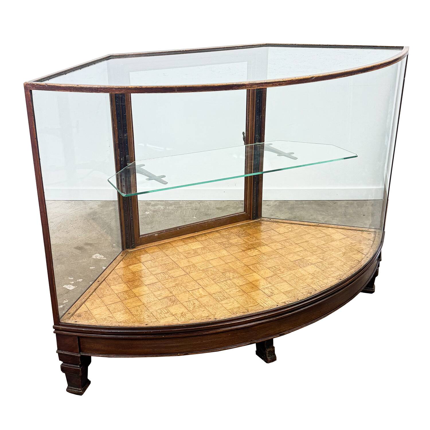 Antique Curved Glass Display Cabinet – Wooden Showcase – Early 20th Century