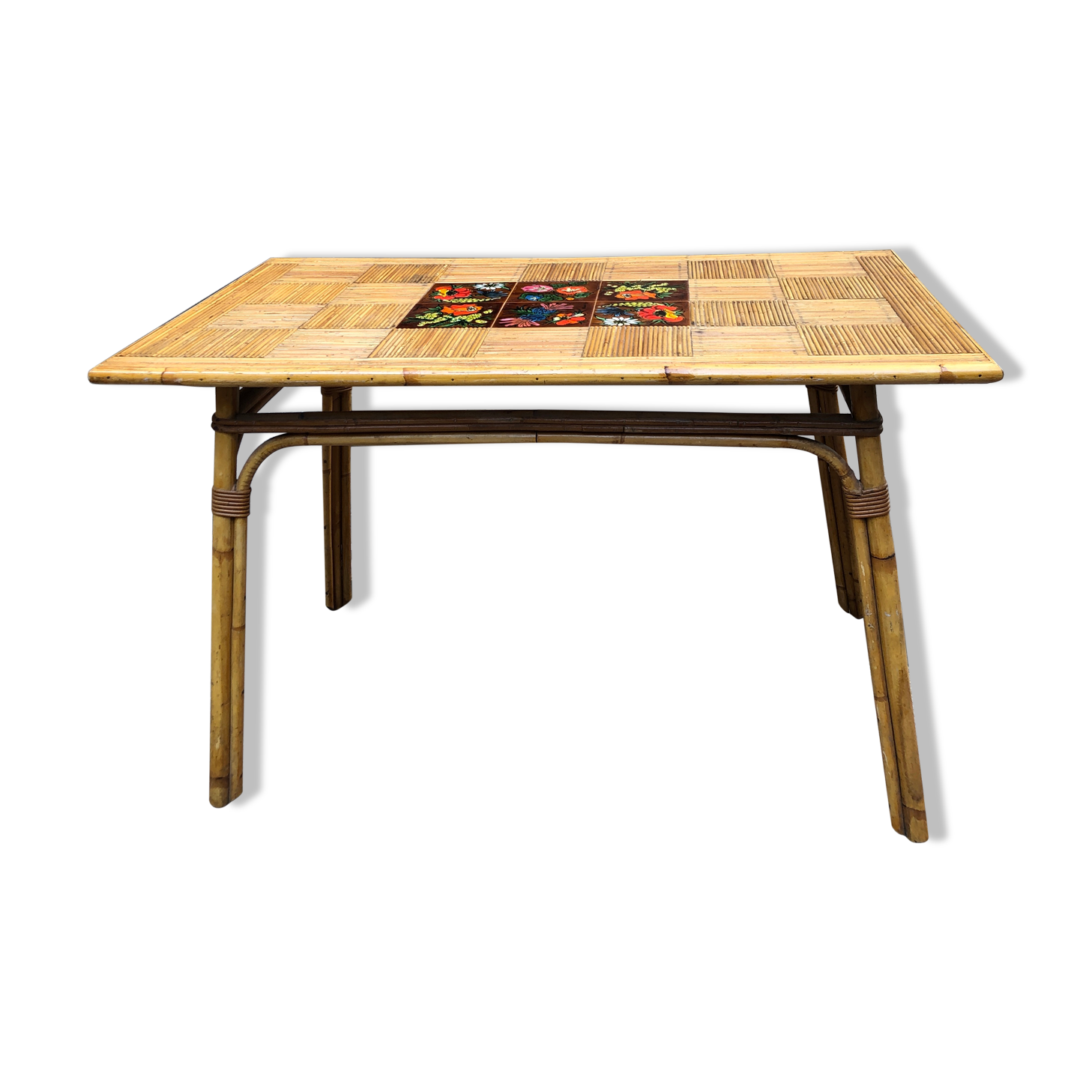Vintage bamboo, rattan and Vallauris tiles table