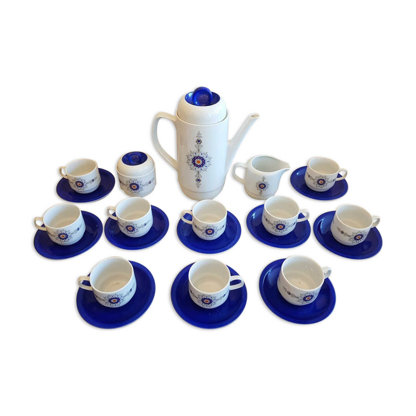 Service à café et dessert en porcelaine vintage années 70 Bareuther décor bleu
