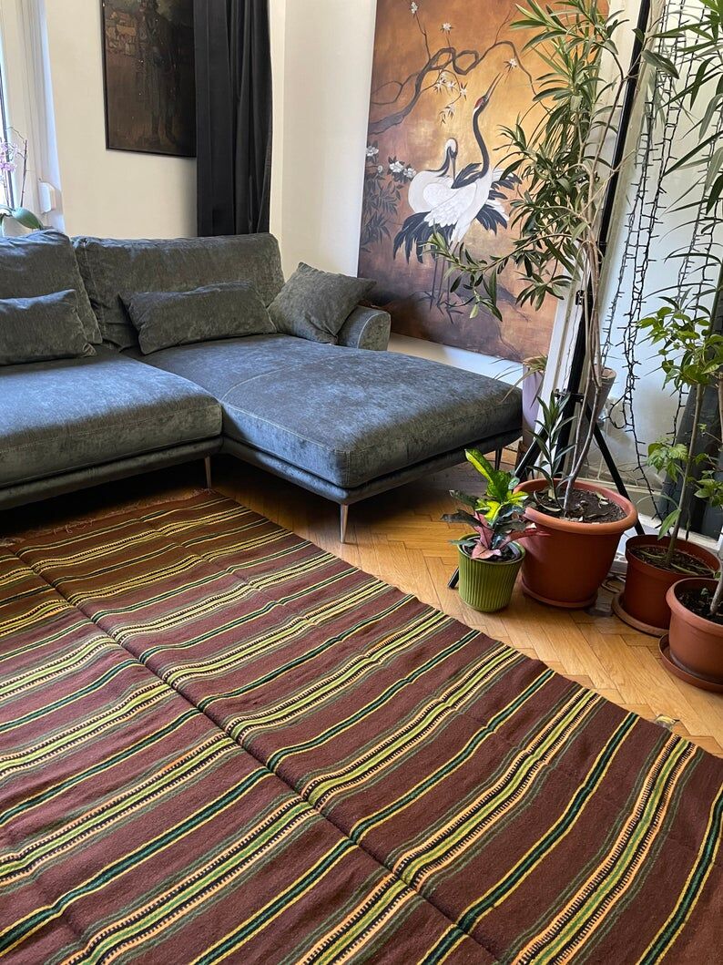 Romanian vintage carpet with stripes, made by hand in wool