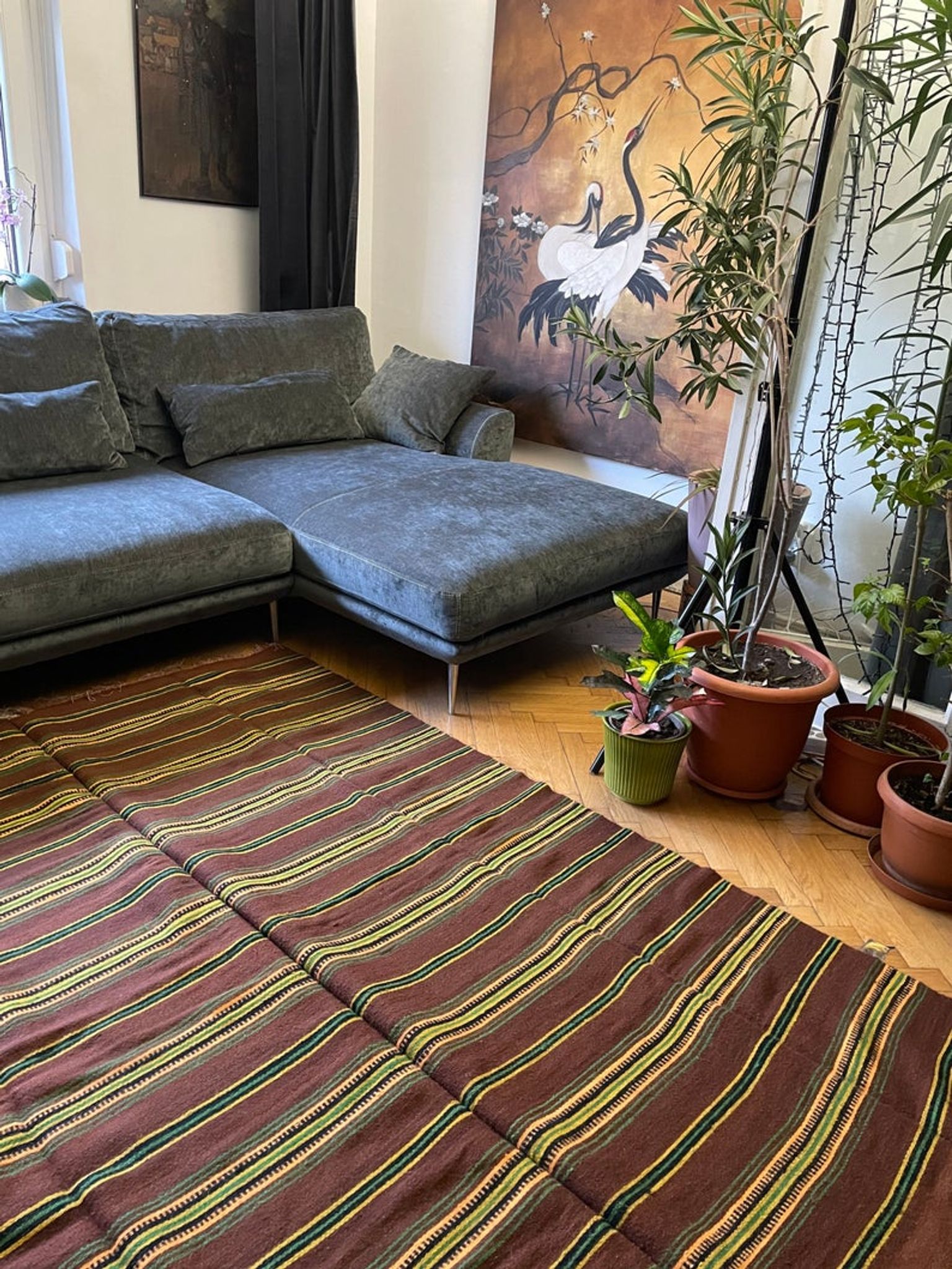 Romanian vintage carpet with stripes, made by hand in wool