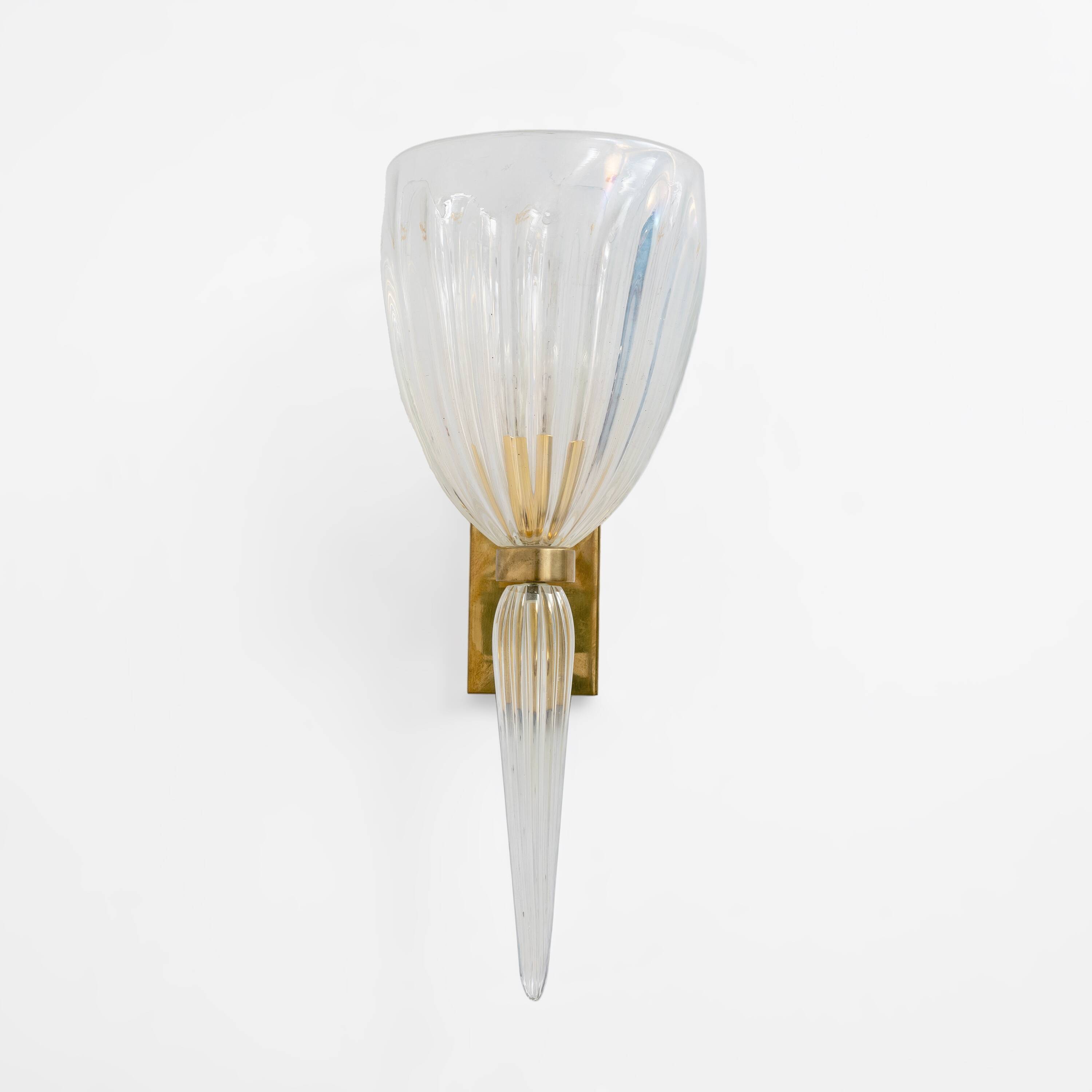 Pair of Italian Murano Iridescent Glass and Brass Wall Sconces