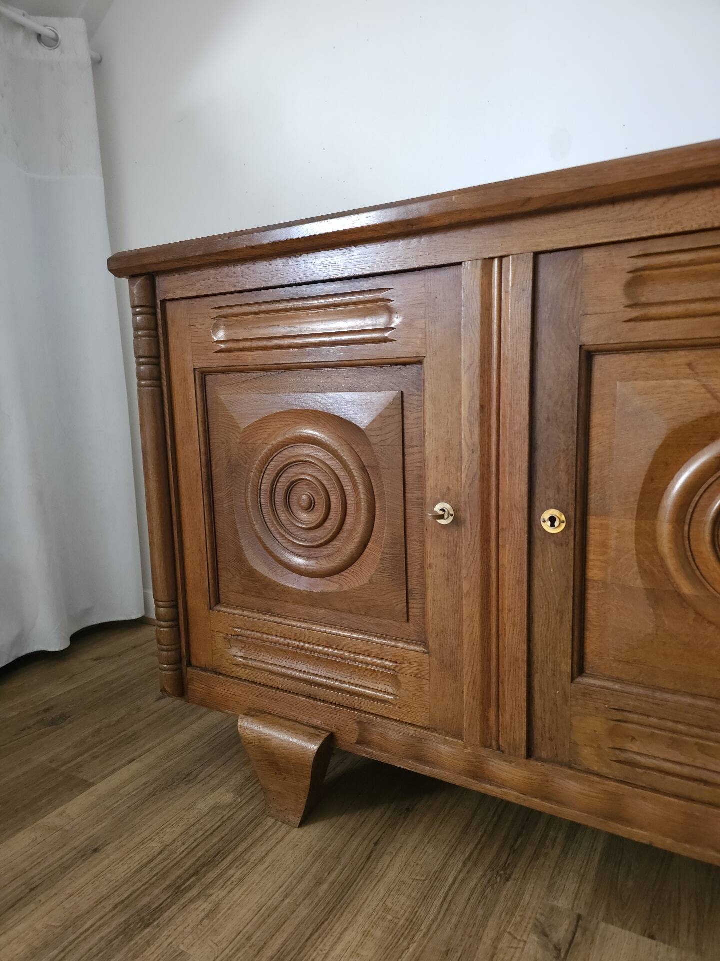Solid oak sideboard, brutalist and Art Deco work, mid-century.