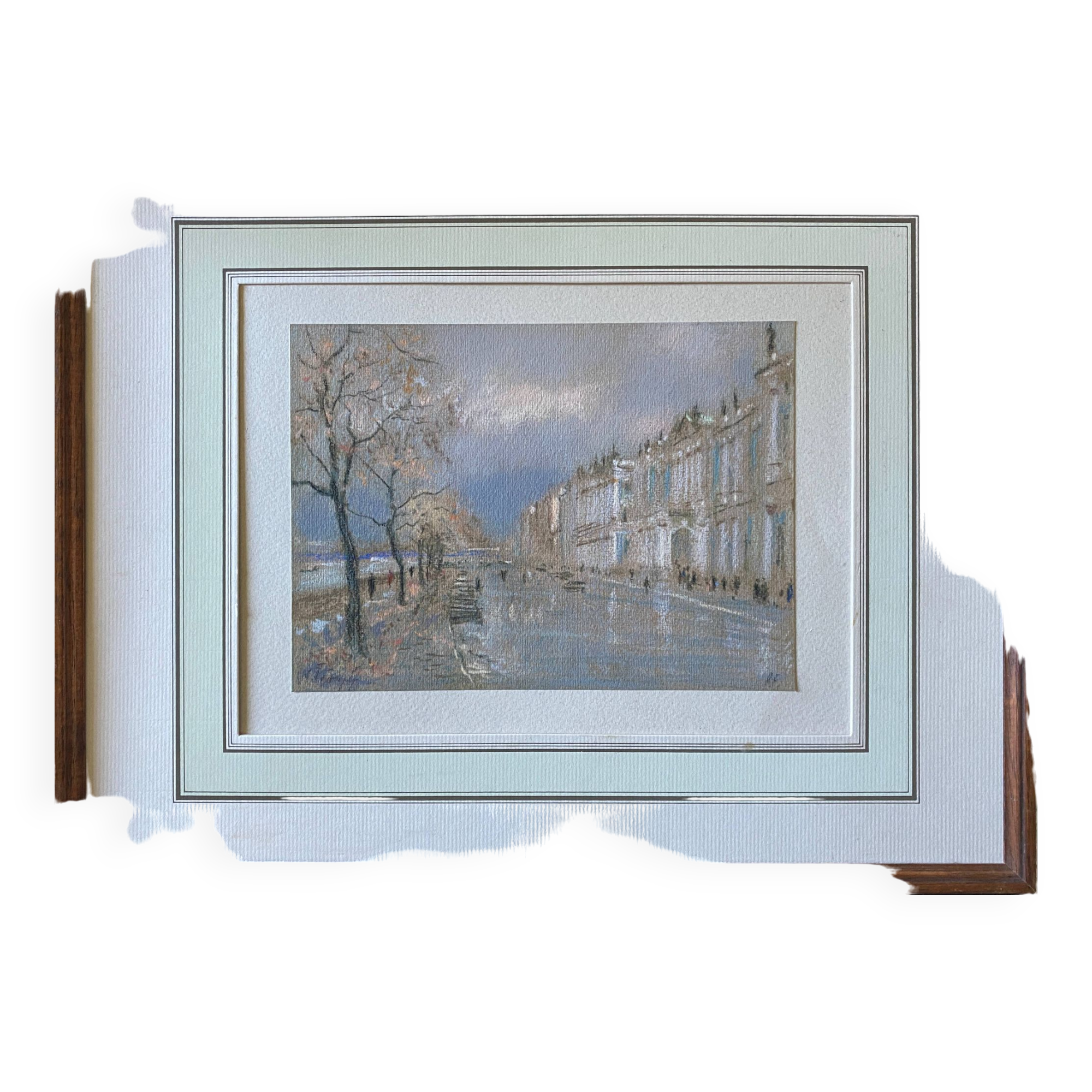 Pastel Painting "Quai de Seine?" Paris signed + frame