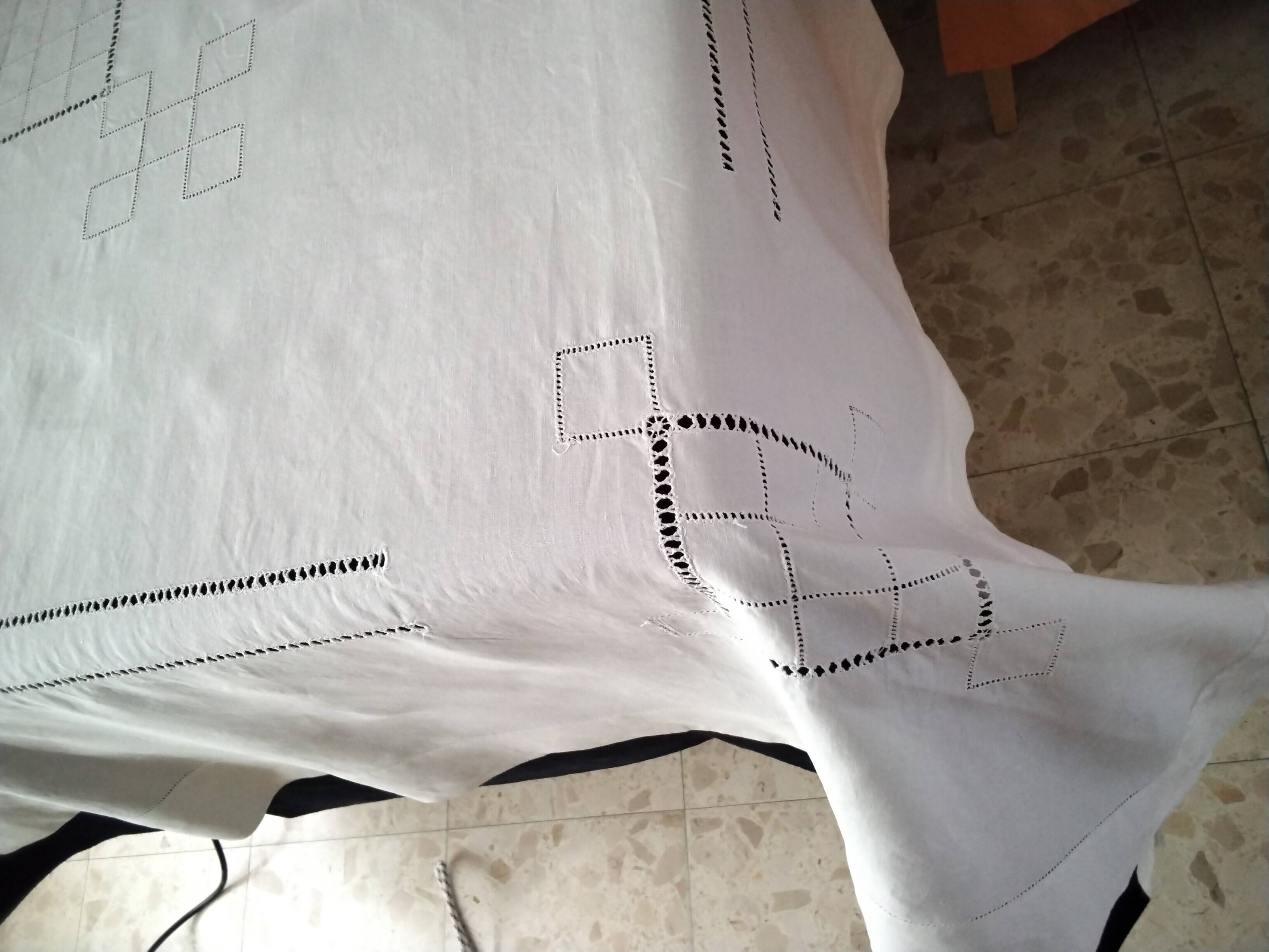 White linen tablecloth with handmade stitching 1.55 x 1.88 m