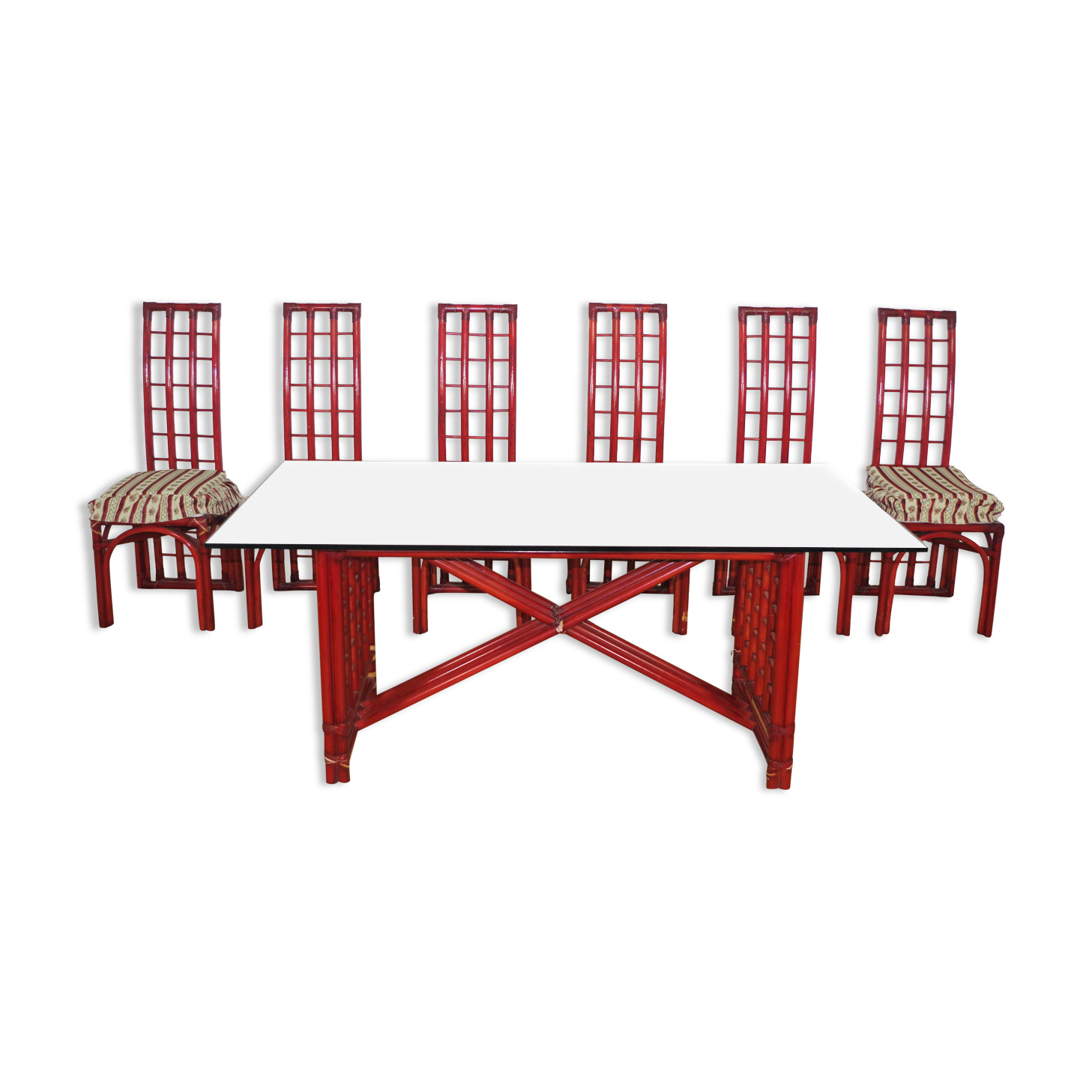 Red bamboo table by Arturo Pozzoli, 1980s, set of 7