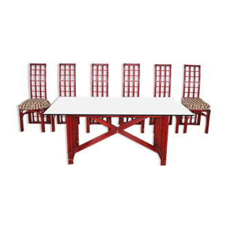 Table en bambou rouge et 6 chaises par Arturo Pozzoli, 1980s, set de 7