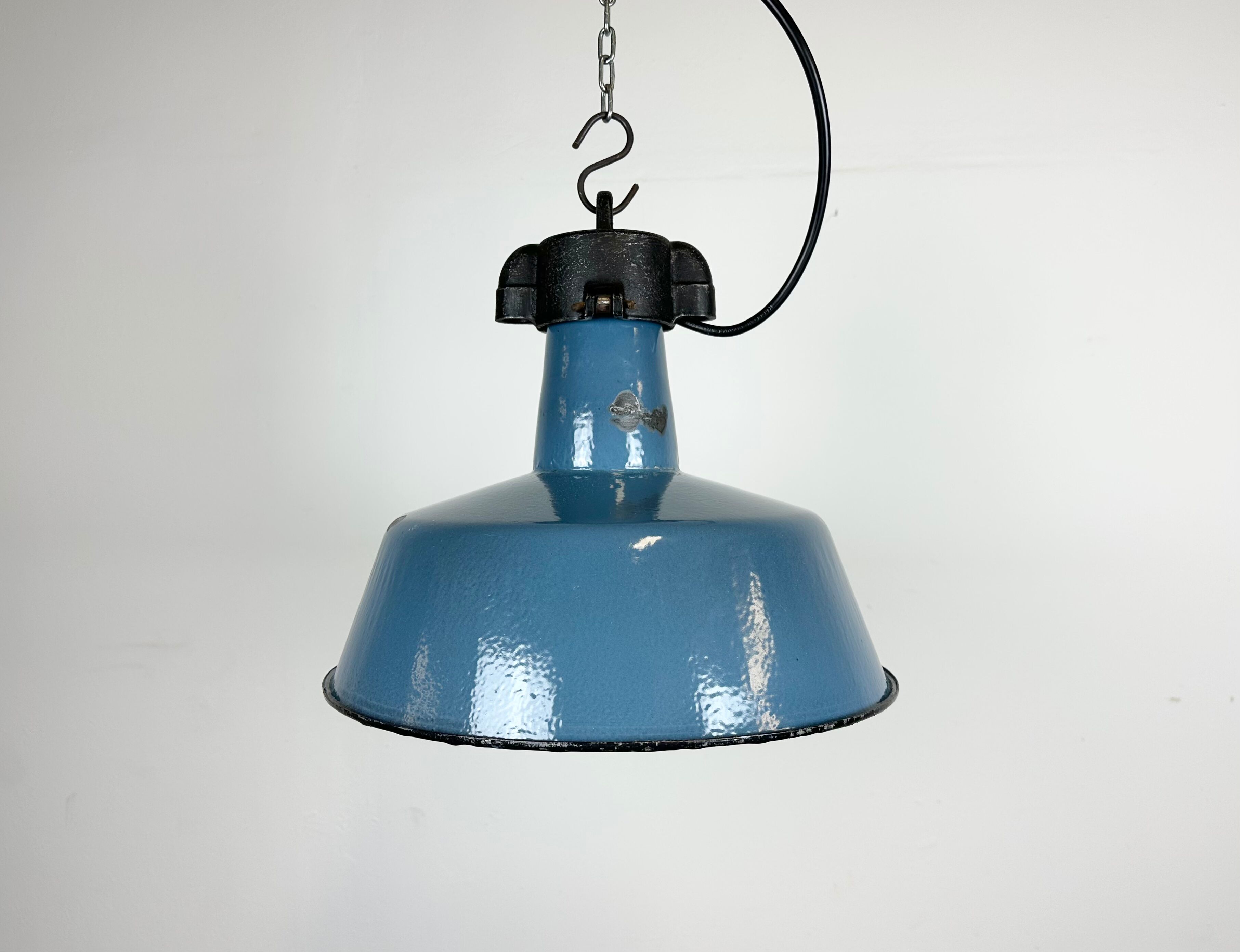 Industrial Blue Enamel Factory Lamp with Cast Iron Top, 1960s