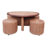 Table basse et tabourets en corde vintage