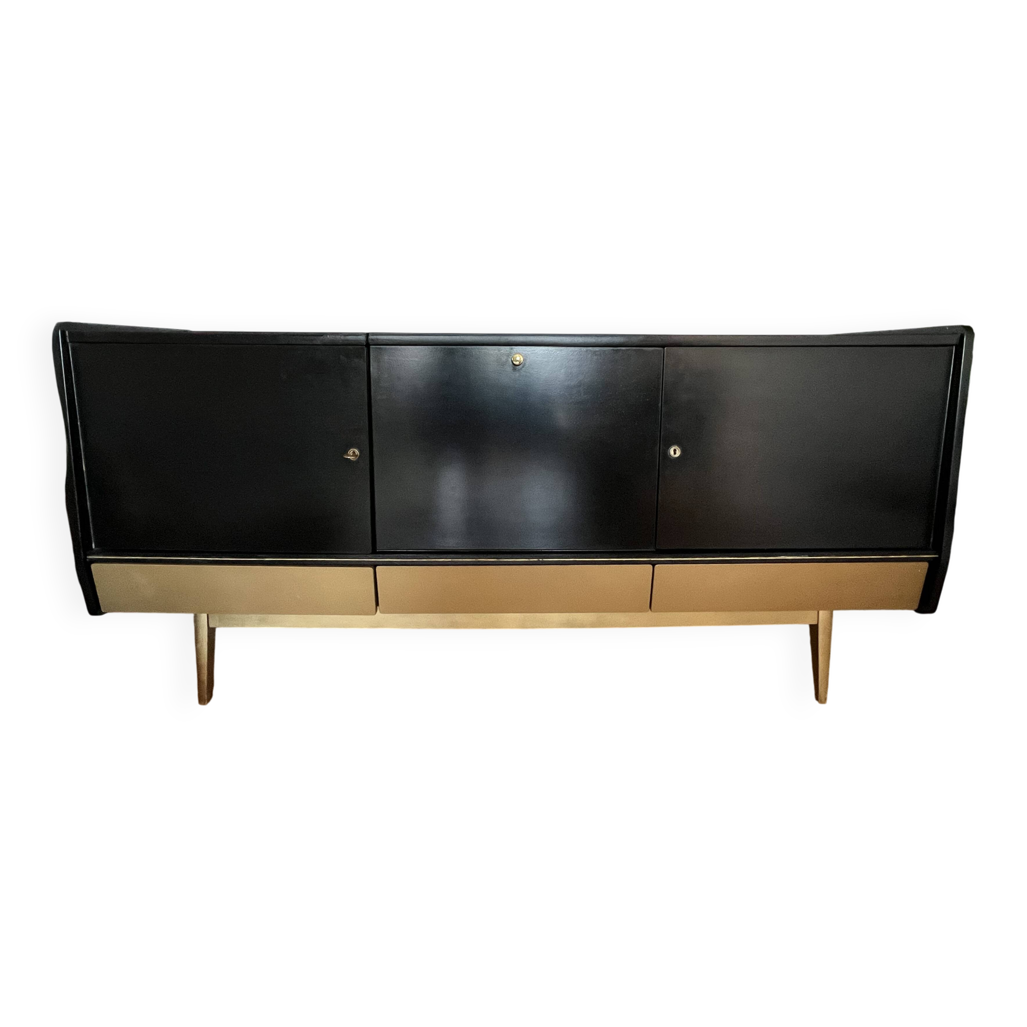 Black buffet cabinet including a bar and 3 drawers.