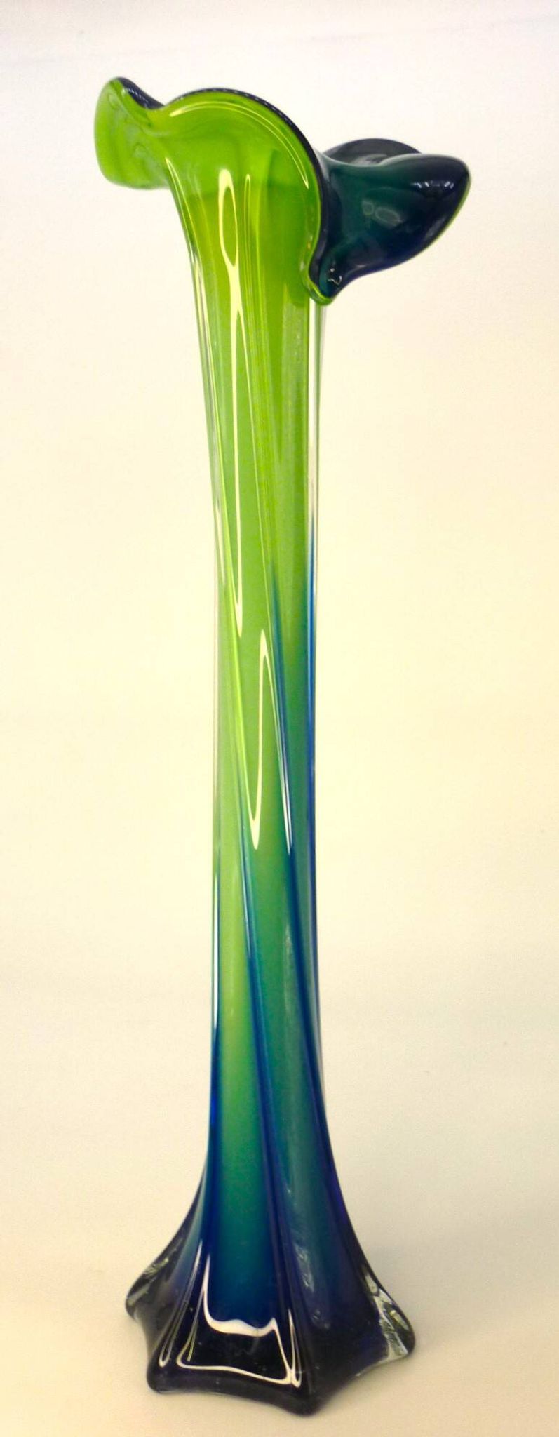 Vintage blown glass vase, twisted, blue and green, height: 39cm