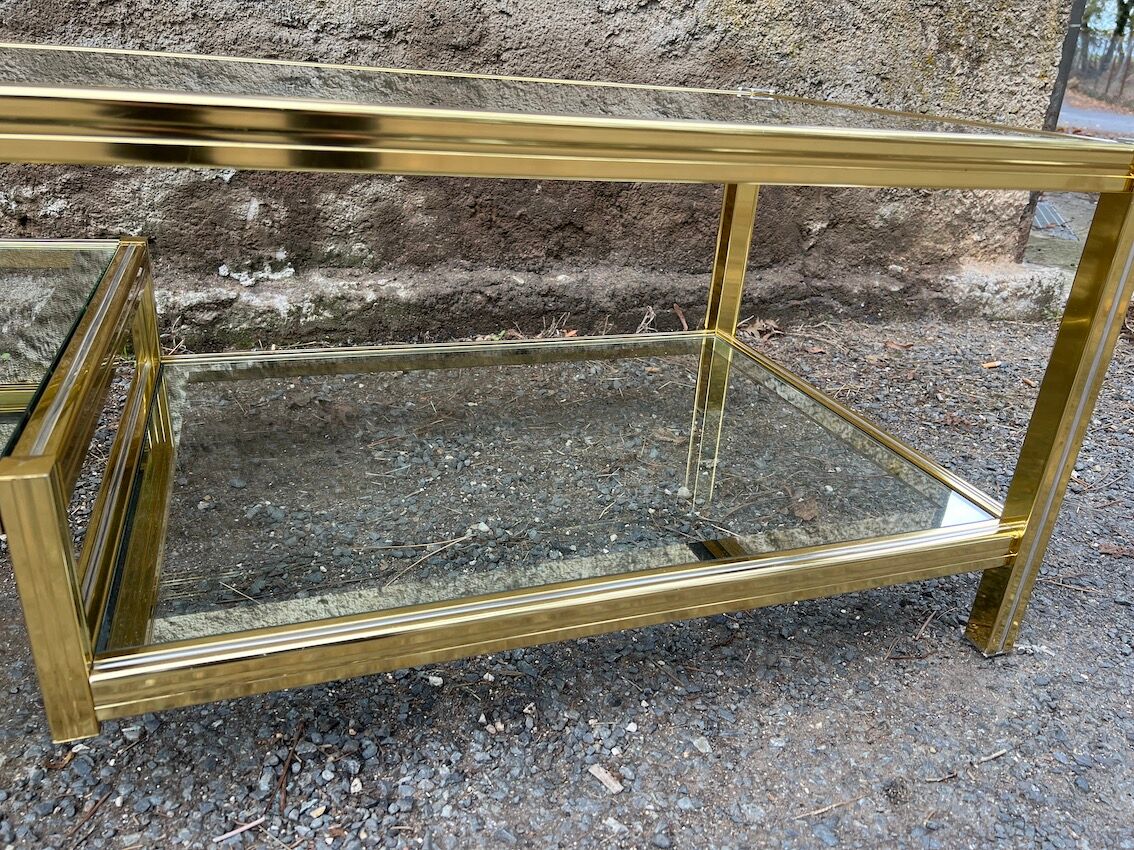 2-level coffee table Roche Bobois Hollywood Regency style brass and glass 70s