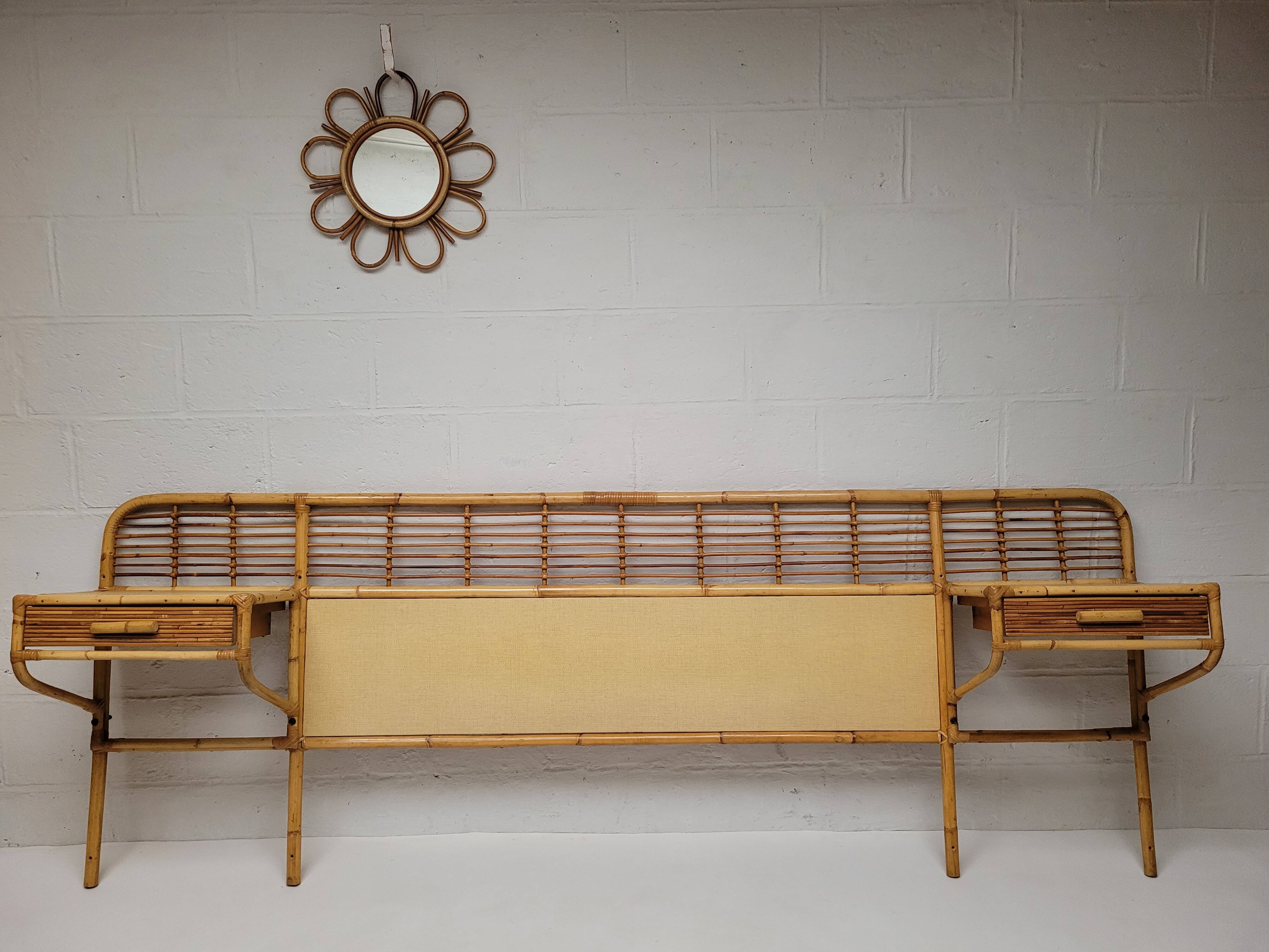 Rattan headboard with vintage bedside tables 1960