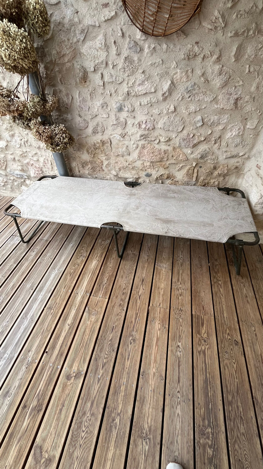 Antique folding military camp bed – khaki green canvas and metal