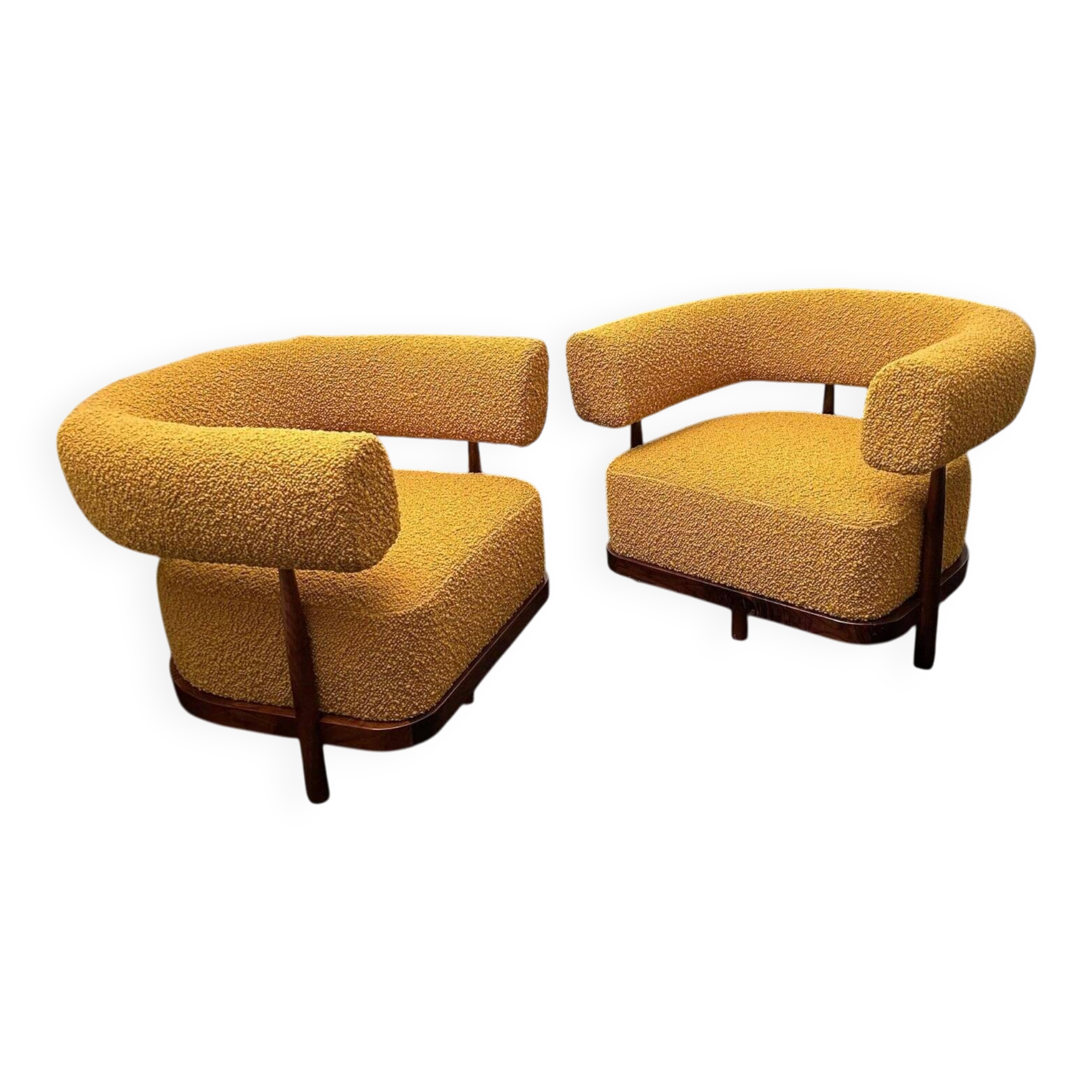 Set of Lounge Chairs with Tapered Legs in Mustard Bouclé Wood, 2000s