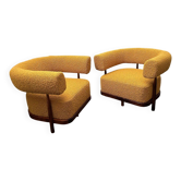 Set of Lounge Chairs with Tapered Legs in Mustard Bouclé Wood, 2000s