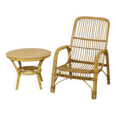 Italian rattan armchair, French Riviera style; Bohemian style side table