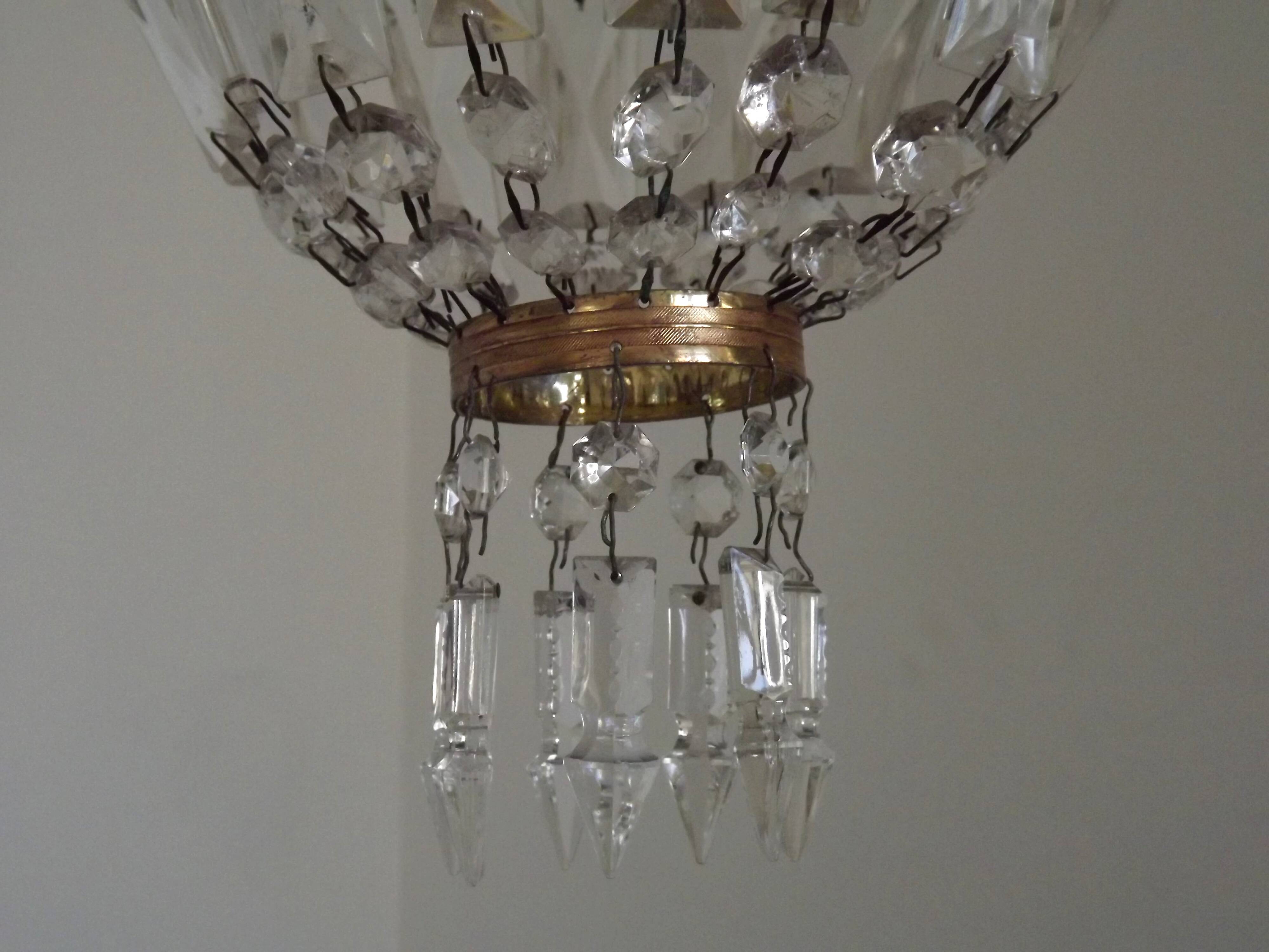 French Empire Style Bronze Single Montgolfier Crystal Basket Chandelier