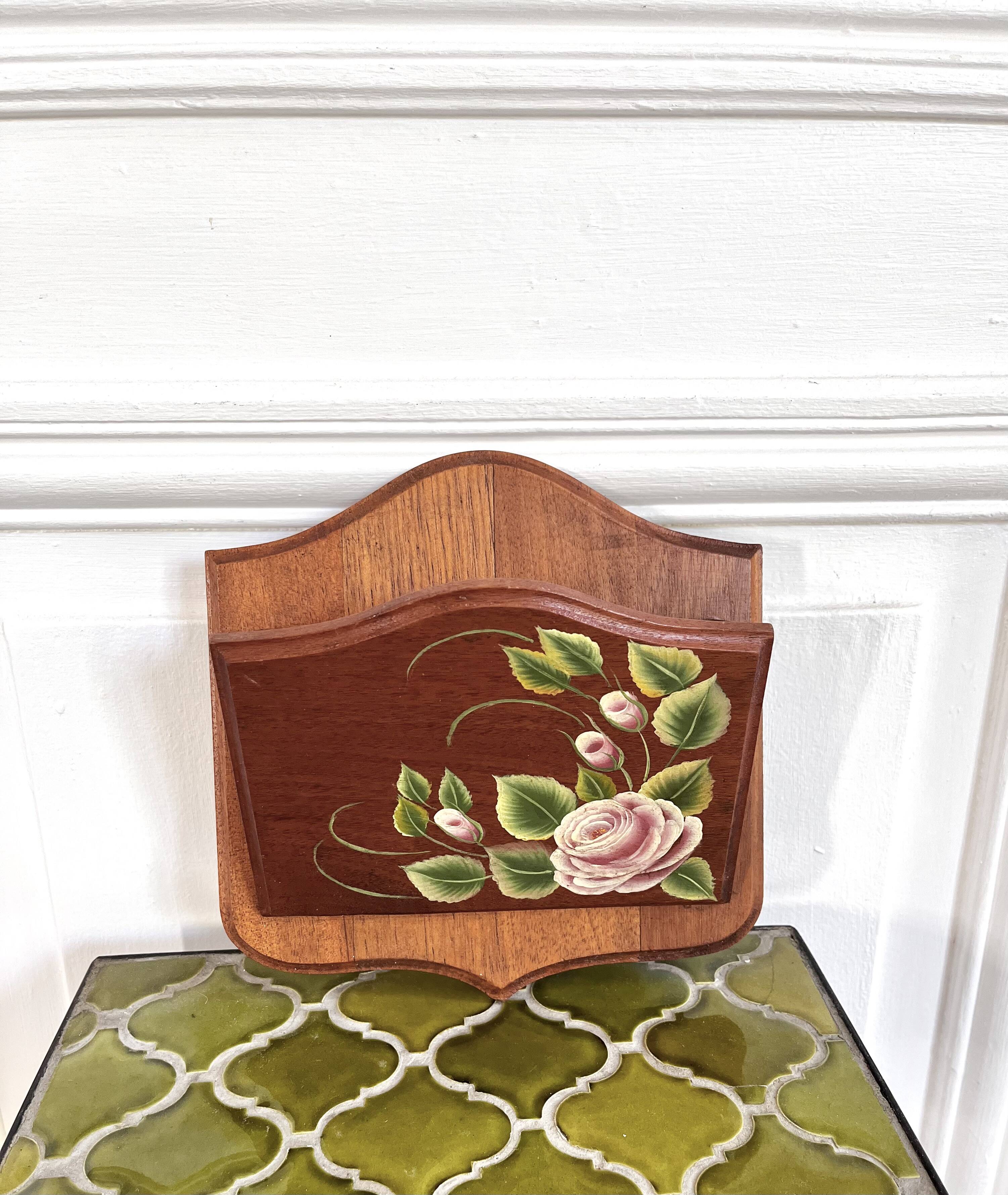 Wooden letter mail holder decorated with roses