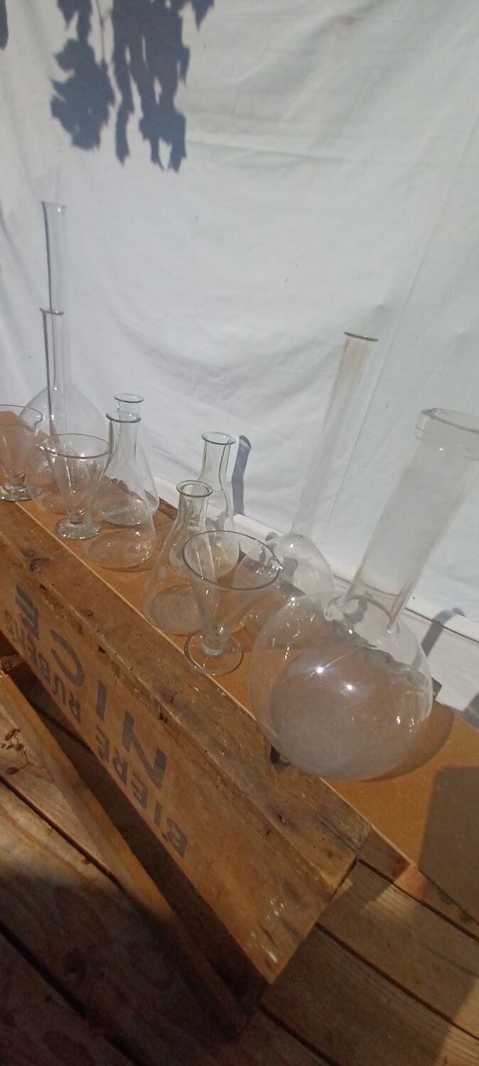 Lot of old soliflore vases chemistry laboratory equipment