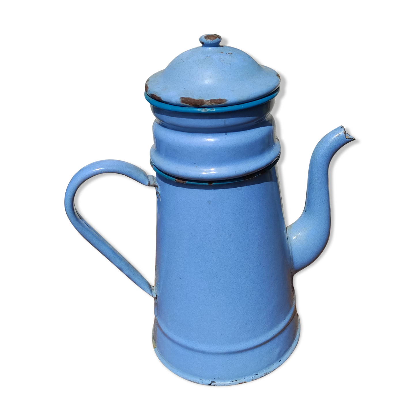 Blue coffee maker in vintage enamelled sheet metal