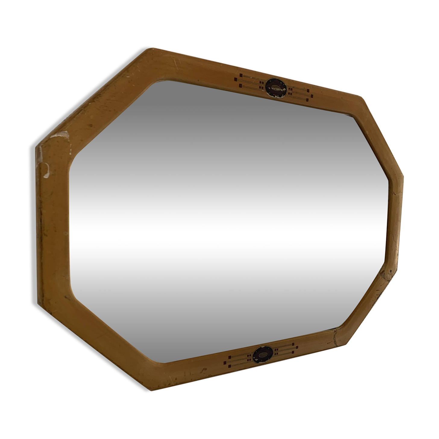 Vintage 1930s Art Deco bevelled octagonal mirror in wood and stucco - 66 x 45 cm
