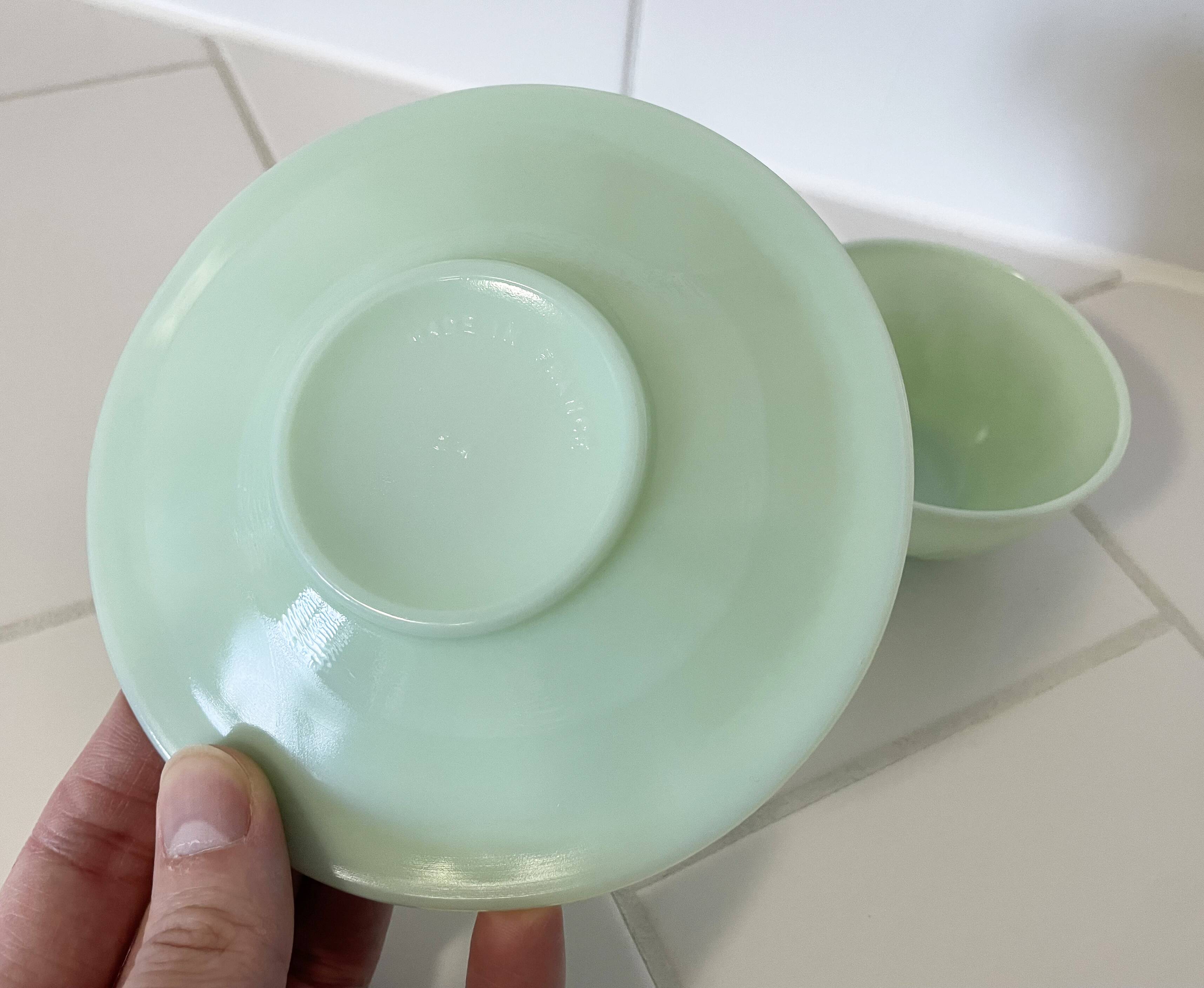 Mint Green Opaline Coffee Cup and Saucer with Swirl Motif, Vintage Art Deco