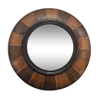 Grand miroir rond en cuir