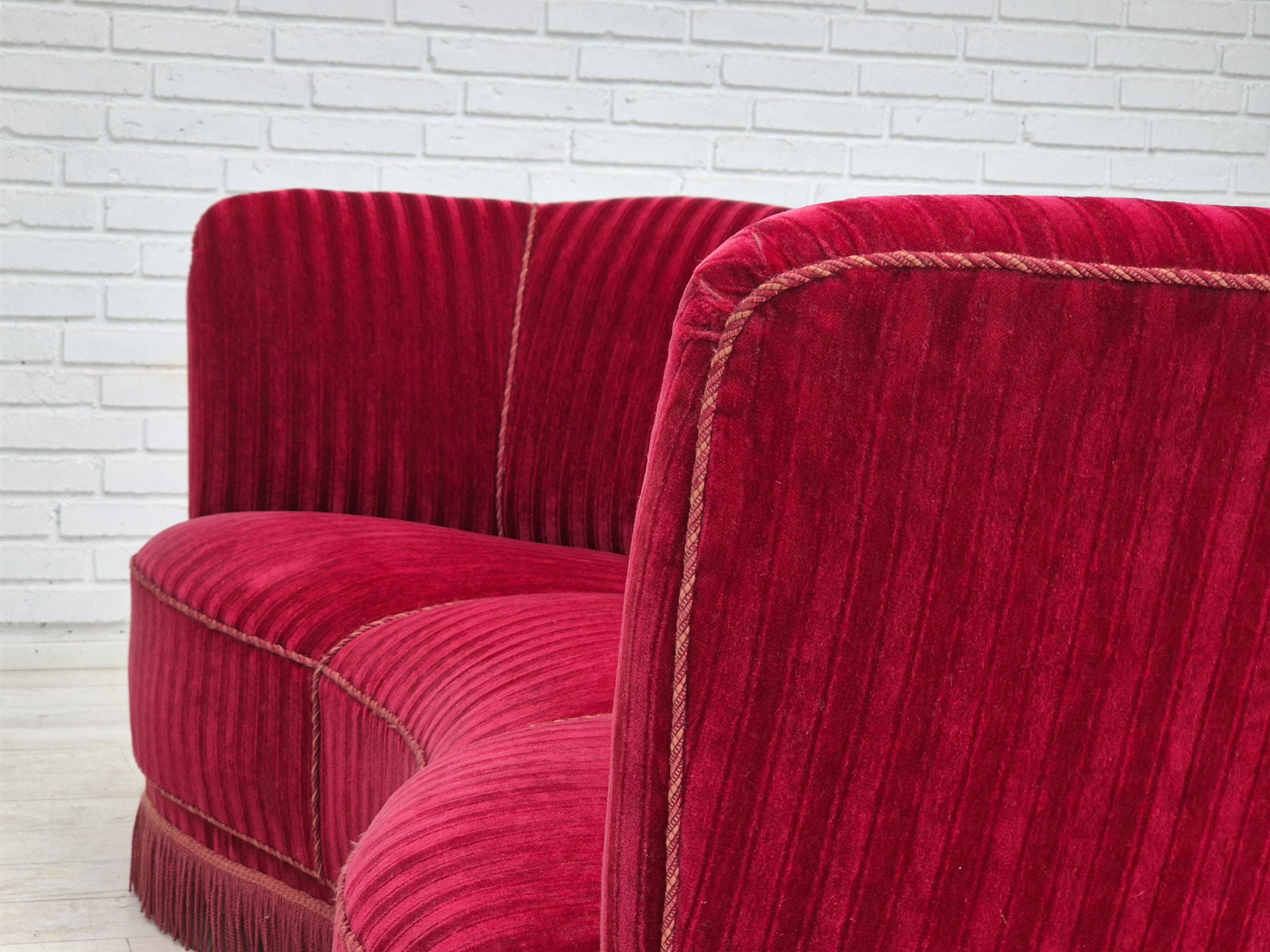 1960s, Danish 3-seater "Banan" sofa, original cherry-red furniture velour.
