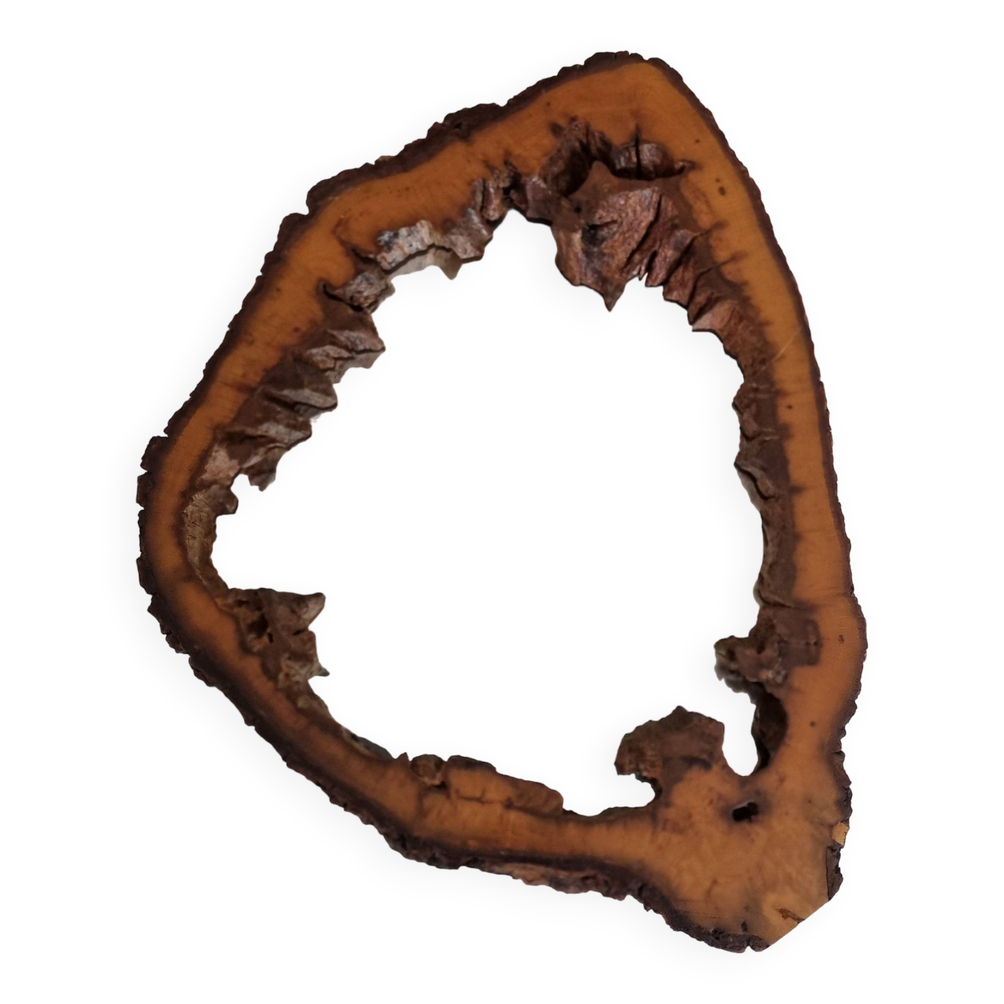 Vintage mirror with live edges in burl wood, signed, 1970s, 36 cm