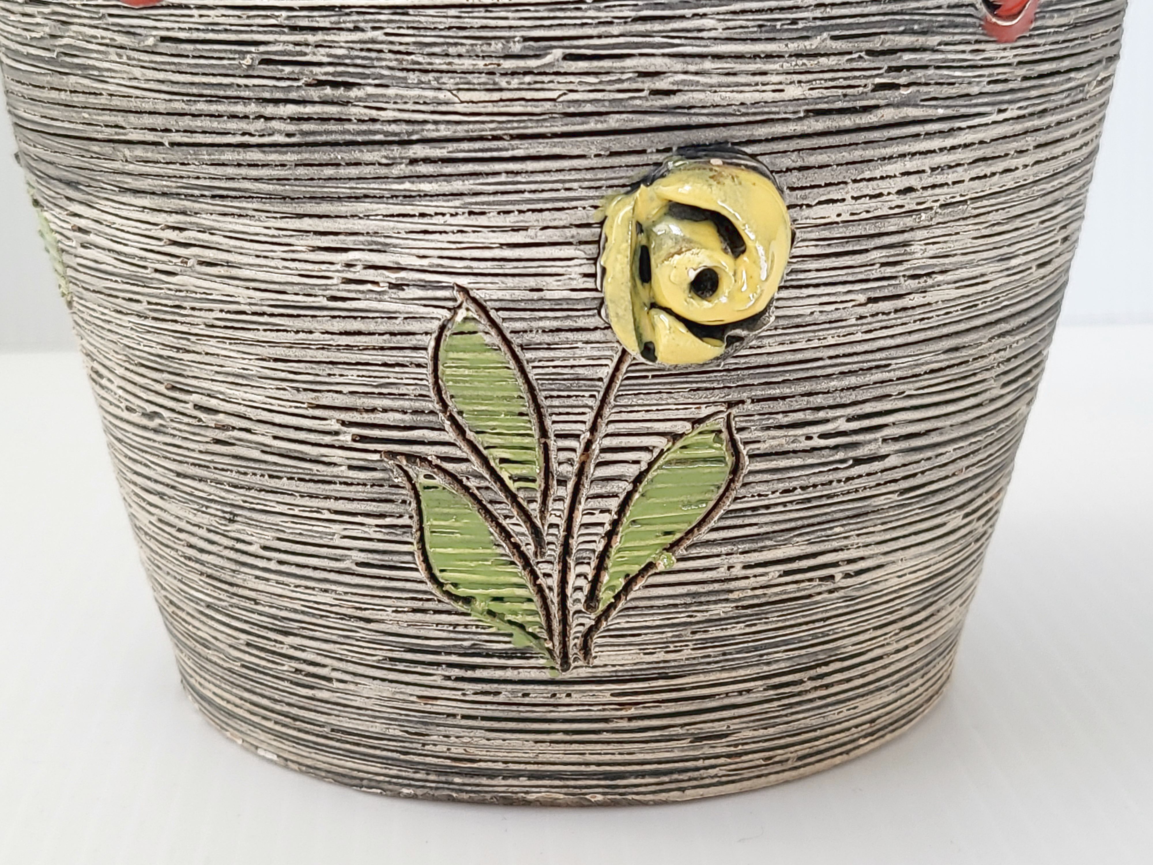 Vintage vase 1950 ceramic flowers relief