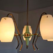 Opaline glass and brass chandelier mid-century Stilux Milano 1950s