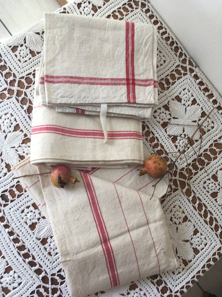 Lot of five old mismatched dishtowels