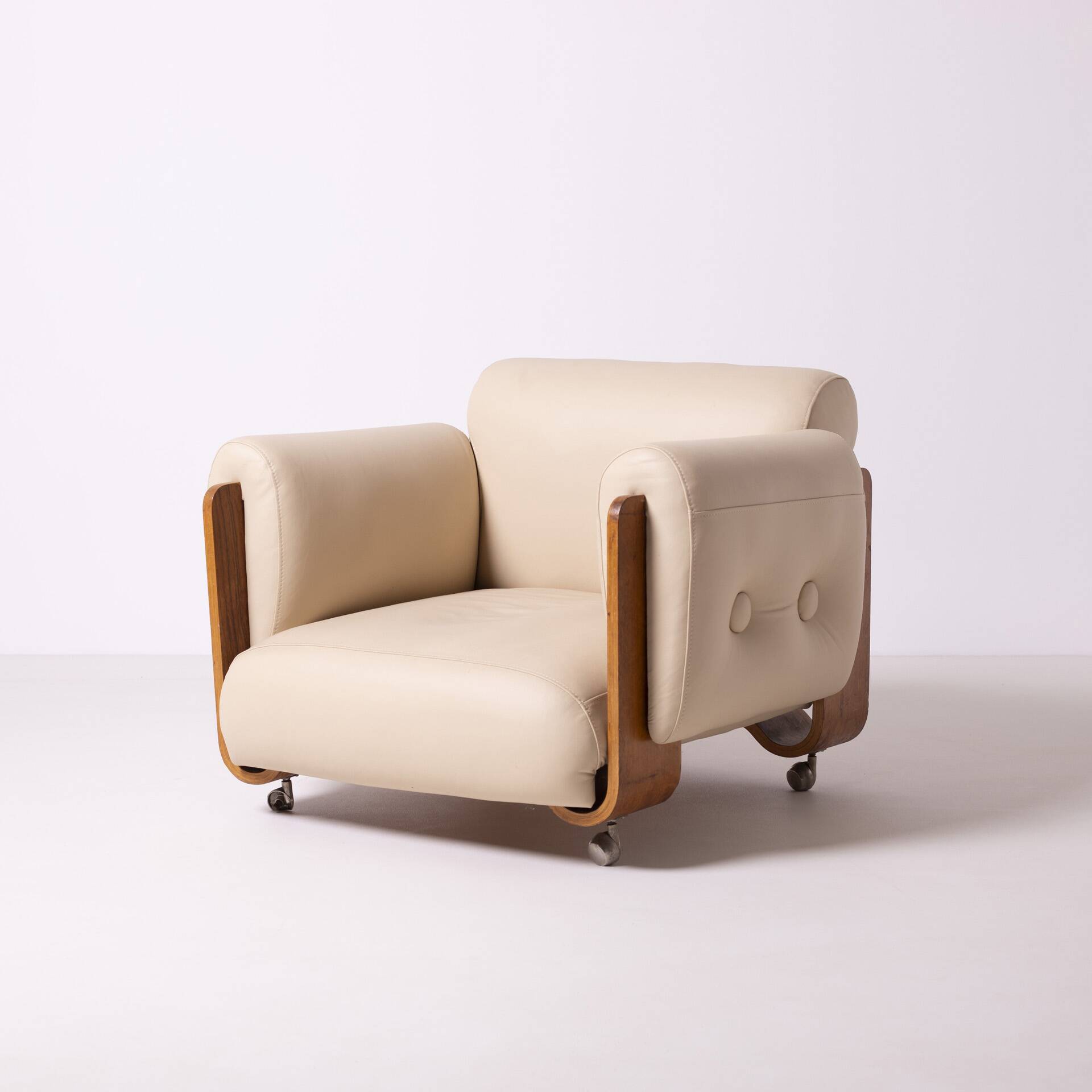 1970s brutalist lounge chair by Jan Bocan, Czechoslovakia, cream leather an