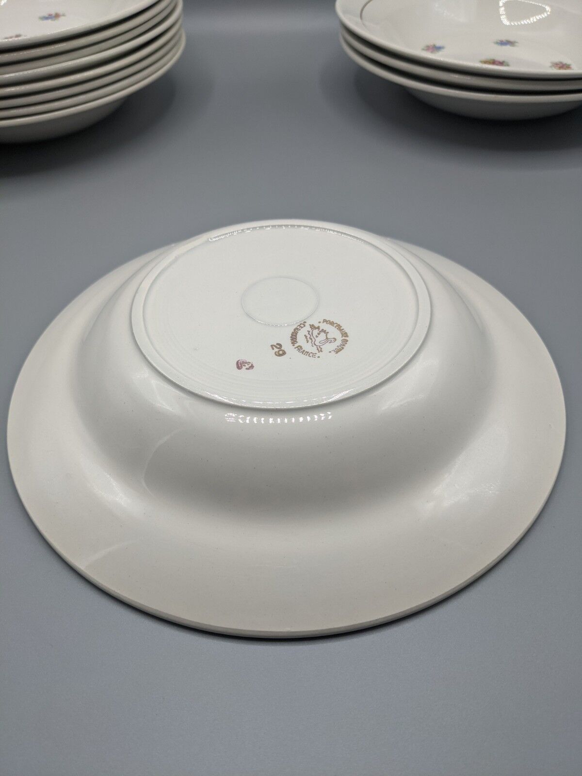 12 hollow porcelain plates, floral decoration and golden ledé - ∅: 23cm