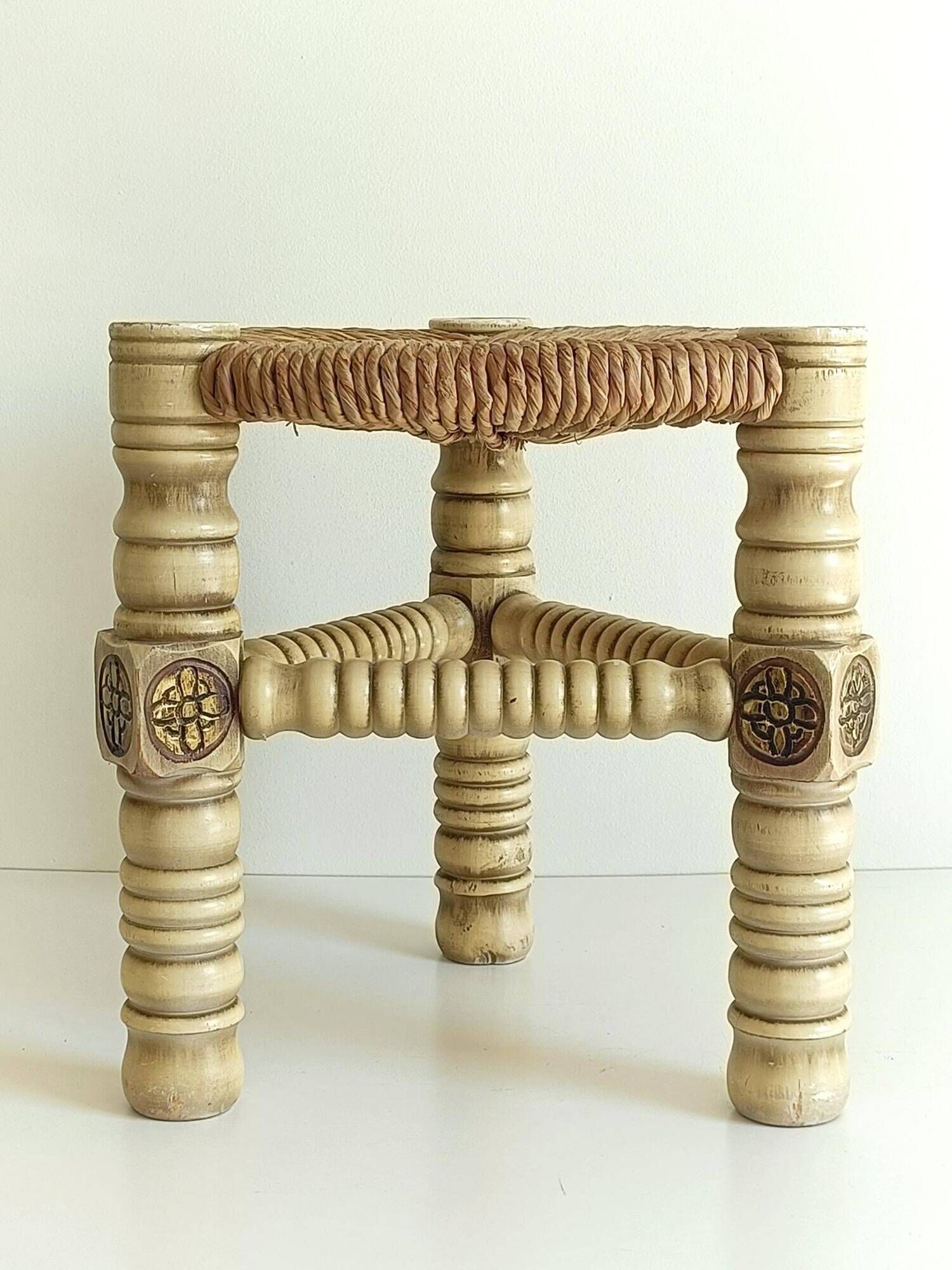 Brutalist Hand-Carved Wood and Fiber Stools, Belgium, Circa 1960s