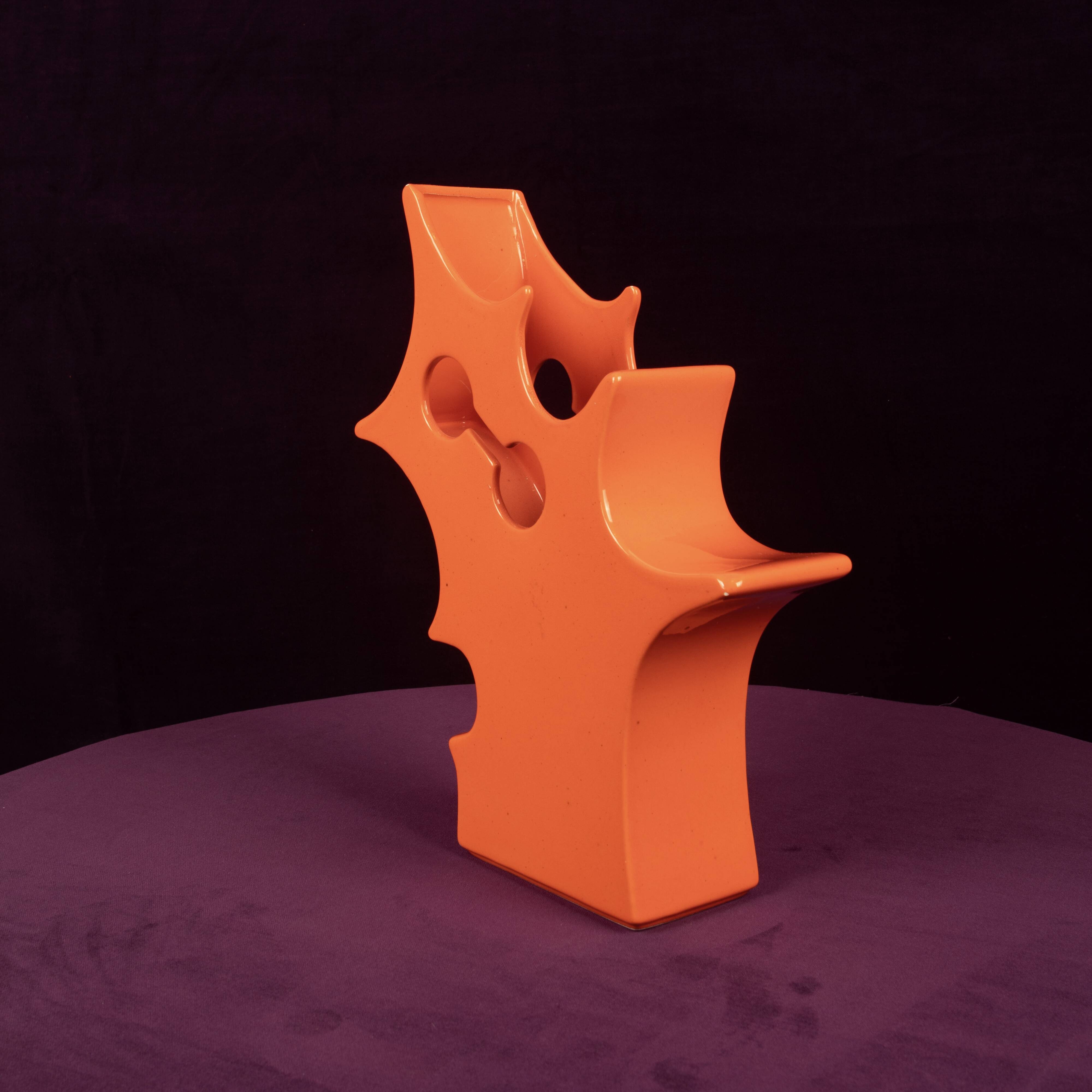 Abstract Orange Ceramic Sculptural Vase, Postmodern / Space Age, Italy, 1980