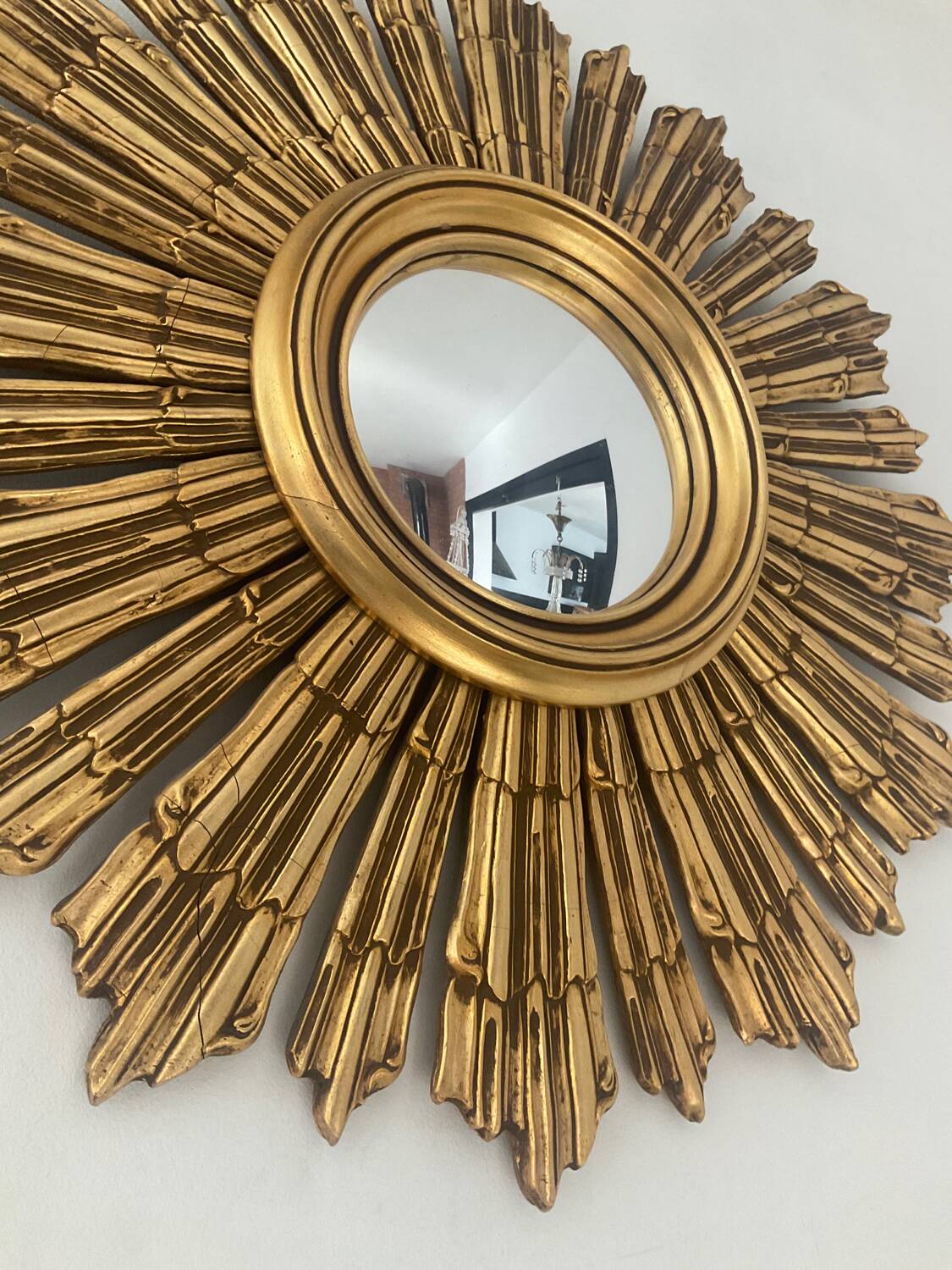 Old witch's eye mirror in gilded wood 62cm