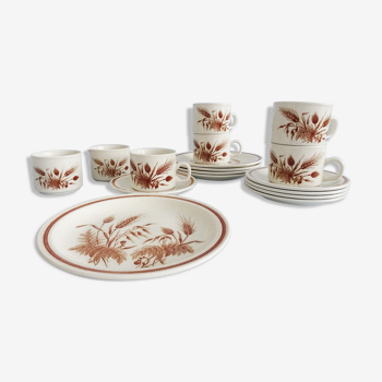 Ceramic coffee service with field flowers in beige brown, 17-part vintage service