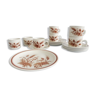 Ceramic coffee service with field flowers in beige brown, 17-part vintage service