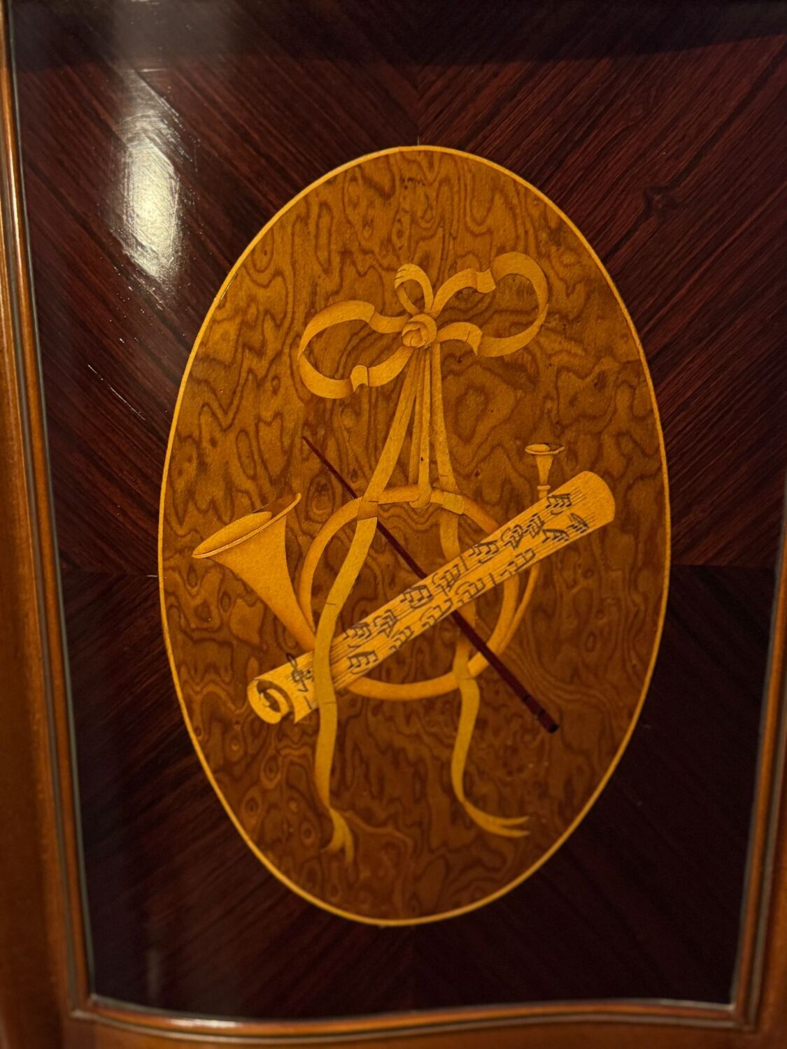 Exquisite Louis XV Style Bombé Commode with Musical Marquetry & Marble