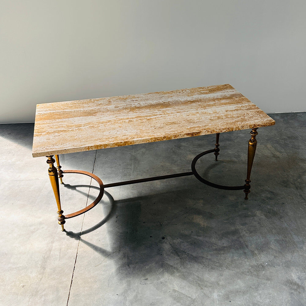 Elegant travertine coffee table with brass base, 1970s