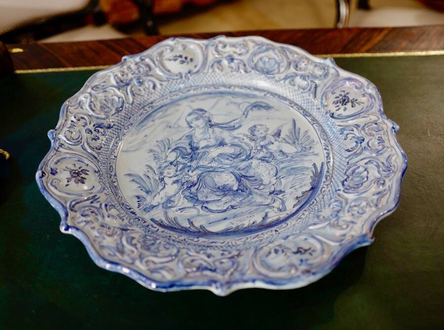 Large blue faience plate from Savona, Italy, 48 cm in diameter.